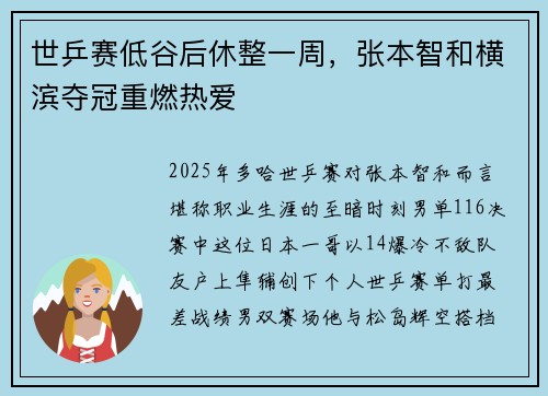 世乒赛低谷后休整一周，张本智和横滨夺冠重燃热爱